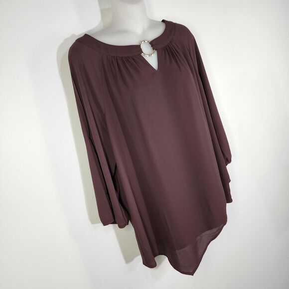 Chico's Womens Top Size 1 Medium Brown Asymmetrical Hem Grommet Cold Shoulder - Picture 3 of 14